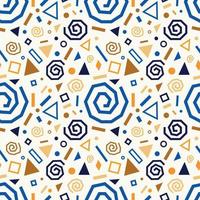Festive seamless pattern with gold and blue doodles, swirls, stars, geometric elements vector