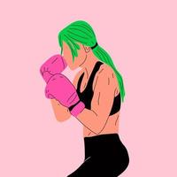 Woman in boxing gloves posing at punching bag in sportswear. Girl power concept. Cartoon vector illustration