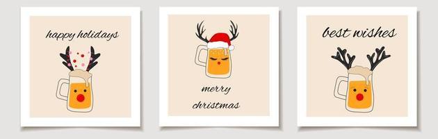 Christmas vector gift card or tag Christmas Set of three Glasses of beer with Christmas accessories. merry christmas lettering, best wishes