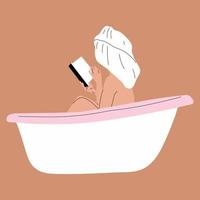 Woman taking a relaxing bubble bath and read book, side view. Vector in cartoon style. All elements are isolated