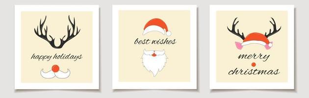 Christmas vector gift card or tag Christmas Set of three faces of a cute Christmas deer and Santa Claus . merry christmas lettering, best wishes.