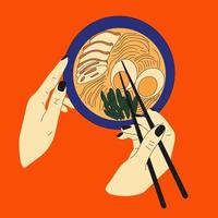 tazón de fideos y palillos. ramen comida asiática. cocina china, coreana, japonesa. . ilustración vectorial dibujada a mano. vector