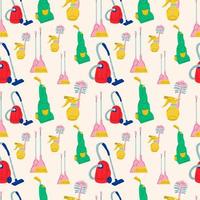 Seamless pattern with Cleansers and detergent in bottles, house cleaning tools and supplies for housework. vector