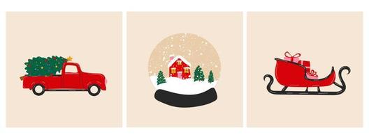 conjunto de tres objetos navideños, globo de nieve, trineo y camioneta con árbol de navidad.vector en estilo de dibujos animados. todos los elementos están aislados vector