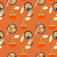 Seamless pattern with  Bowl noodles and chopsticks. Ramen. Asian food. Chinese, Korean, Japanese cuisine. vector