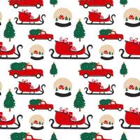 Seamless pattern with Christmas objects, snow globe, sleigh and pickup truck with christmas tree. vector