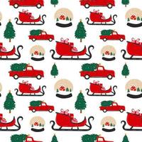 Seamless pattern with Christmas objects, snow globe, sleigh and pickup truck with christmas tree. vector