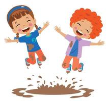 cute happy kids jumping in mud vector