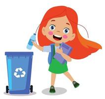 cute boy throwing trash in recycle bin vector