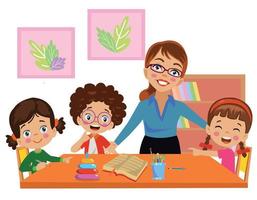 hardworking cute students and teacher studying books working vector