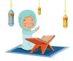 cute happy boy reading quran vector