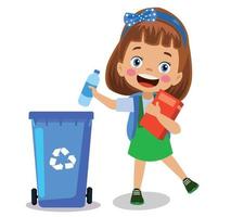 cute boy throwing trash in recycle bin vector