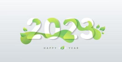 Happy 2023 new year with natural green leaves banner. Greetings and invitations, New year Christmas friendly themed congratulations, cards and natural background. Vector illustration