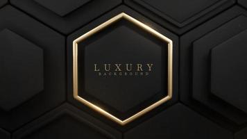 Luxury black background with gold hexagon frame and geometric shape elements with glitter light effect decorations. Realistic 3d style design. Vector illustration.