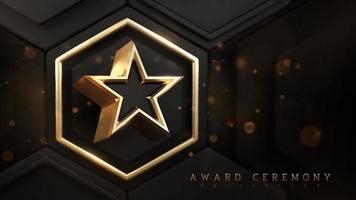 Award ceremony background with 3d gold star elements on black hexagon shape with glitter light effect decorations and bokeh. Luxury realistic style design concept. Vector illustration.