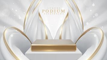 Product display podium with white liquid element with golden curve lines decoration and glitter light effect. Realistic luxury style design. Vector illustration.