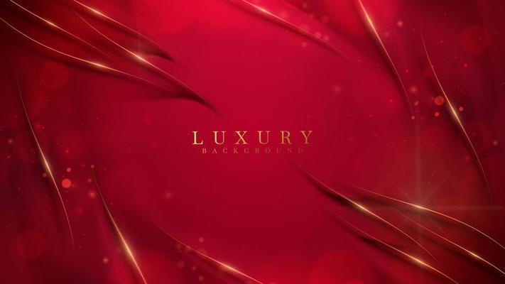 Luxury red color background with golden line elements and curve light effect decoration and bokeh.
