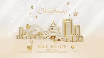 Luxury banner background with 3d realistic christmas ornaments with snow elements and glitter light effect decorations and bokeh. Vector illustration.