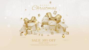 Luxury style merry christmas background with 3d realistic ornaments and sparkling light effect and bokeh decorations and snow. Vector illustration.