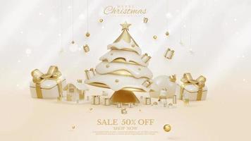 Luxury banner background with 3d realistic christmas ornaments with snow elements and glitter light effect decorations and bokeh. Vector illustration.