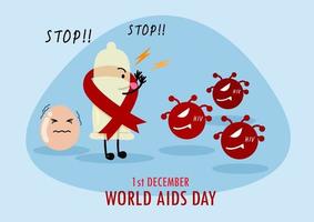 condón en caricatura con el virus vih y la campaña del afiche del día mundial del sida en estilo plano y diseño vectorial. vector