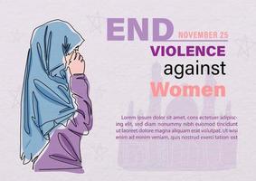 Women wear Khimar crying in line art with wording about International day for the elimination of Violence Against Women's campaign and example texts on silhouette mosque background. vector