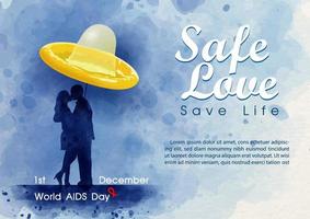 Concept poster campaign in giant condom on silhouette couple s with slogan and wording of world AIDS day, example texts on navy blue watercolor background.