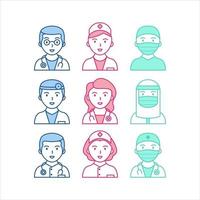 conjunto de icono de estilo de arte de línea de médico y enfermera. icono de avatar simple, lindo y minimalista. fácil de editar ilustración vectorial para web, aplicaciones, perfil de interfaz de usuario. vector