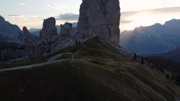 Cinque Torri or Five Towers Mountain Peaks in Italian Dolomites near Cortina d'Ampezzo, aerial view, Italy video