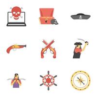 paquete de iconos planos de aventura pirata vector