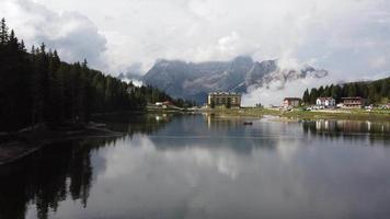 Lago di Misurina Lake in Italian Dolomites aerial view, Belluno Veneto Italy video