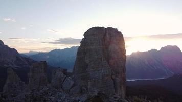 Cinque Torri or Five Towers Mountain Peaks in Italian Dolomites near Cortina d'Ampezzo, aerial view, Italy video