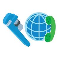 Internet support icon isometric vector. Planet grid handset and pipe wrench icon vector