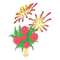 Celebration concept icon isometric vector. Bouquet of rose and holiday firework vector