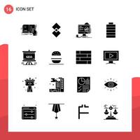 Pack of 16 Universal Glyph Icons for Print Media on White Background. vector