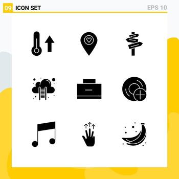 conjunto moderno de 9 pictogramas de glifos sólidos de elementos de diseño vectorial editables de sala de alojamiento de nube de puntero de nube de datos de bolsa vector