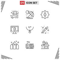 Mobile Interface Outline Set of 9 Pictograms of security bug vacation monitor service Editable Vector Design Elements