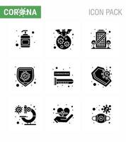 CORONAVIRUS 9 Solid Glyph Black Icon set on the theme of Corona epidemic contains icons such as blood test virus building disease protection viral coronavirus 2019nov disease Vector Design Eleme