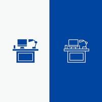 Computer Desk Desktop Monitor Office Place Table Line and Glyph Solid icon Blue banner Line and Glyph Solid icon Blue banner vector