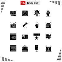 Set of 16 Vector Solid Glyphs on Grid for picture camera global thinking conclusion Editable Vector Design Elements