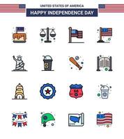 feliz día de la independencia 16 líneas llenas planas paquete de iconos para web e imprimir puntos de referencia bandera de escala internacional usa elementos de diseño vectorial editables del día de usa vector