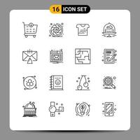 Pack of 16 Modern Outlines Signs and Symbols for Web Print Media such as contact bell tshirt love plate Editable Vector Design Elements