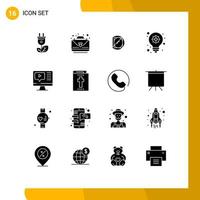 Pack of 16 Modern Solid Glyphs Signs and Symbols for Web Print Media such as video computer biology pharmacy innovation Editable Vector Design Elements