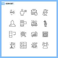 Group of 16 Outlines Signs and Symbols for building toilet car cleaning ok Editable Vector Design Elements