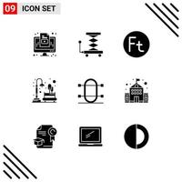 Editable Vector Line Pack of 9 Simple Solid Glyphs of crew park currency night city Editable Vector Design Elements