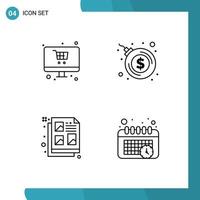Mobile Interface Line Set of 4 Pictograms of online document monitor dollar calendar Editable Vector Design Elements