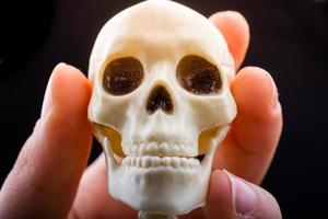 Human skeleton skull model in hand posing for medical anatomy science photo