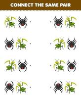 Education game for children connect the same picture of cute cartoon mantis and spider pair printable bug worksheet vector