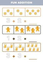 Education game for children fun addition by counting and tracing the number of cute cartoon cookies printable winter worksheet vector