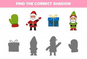 Education game for children find the correct shadow set of cute cartoon mitten santa gift box gnome printable winter worksheet vector